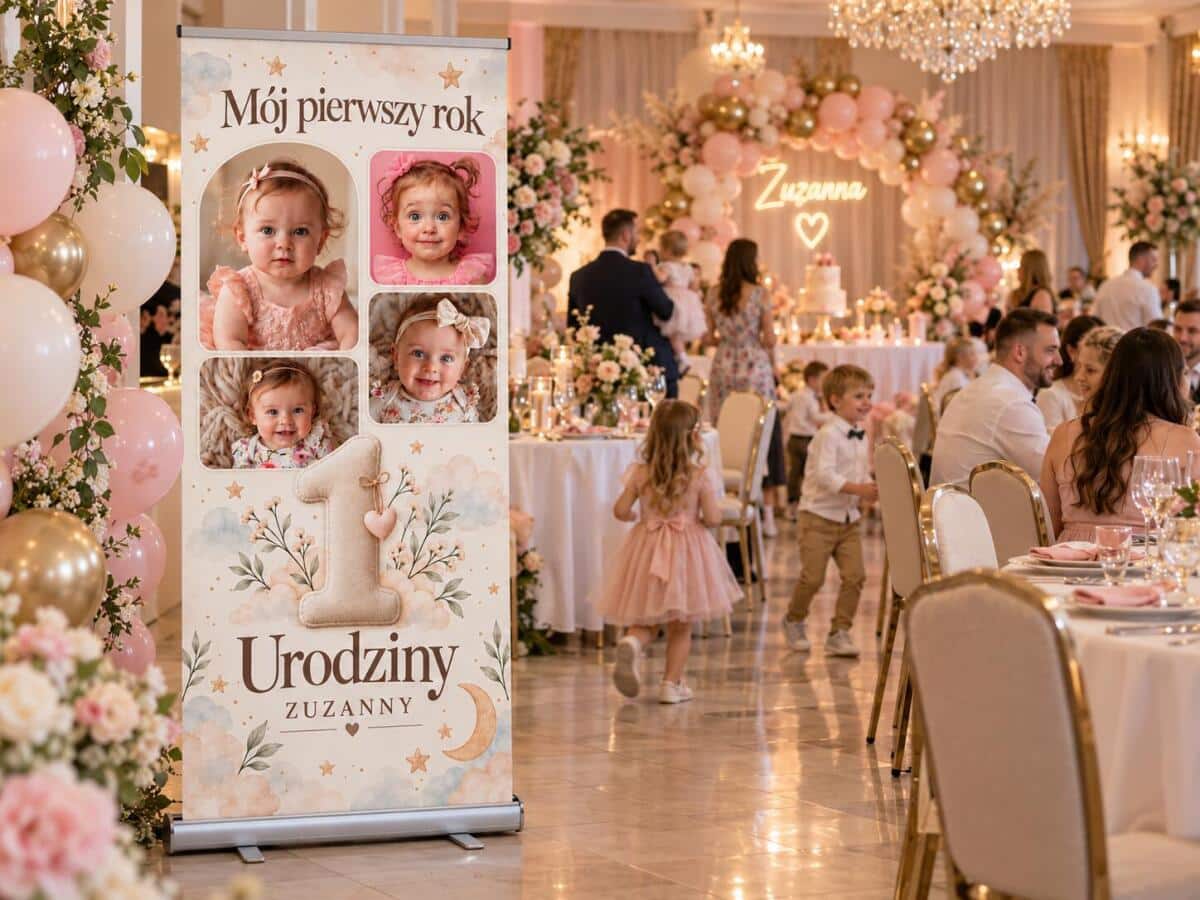 Tablica Powitalna na Roczek Ścianka na 1 Urodziny ze zdjęciami i imieniem Roll-up 100×200 cm 39067 - zdjęcie 2