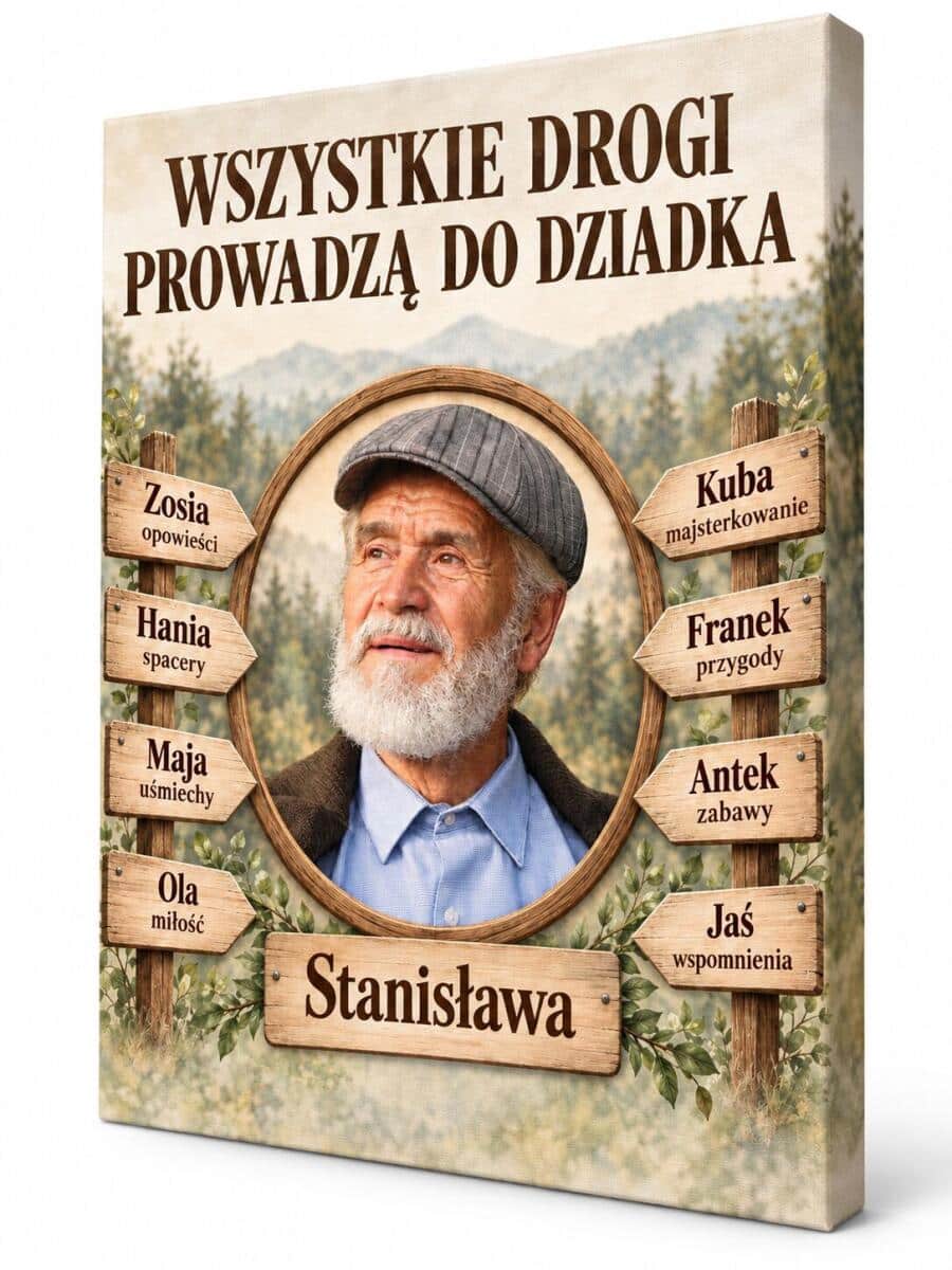 Prezent dla Dziadka na Dzień Dziadka – Obraz z Imionami Wnuków na Drogowskazie | Płótno 31567
