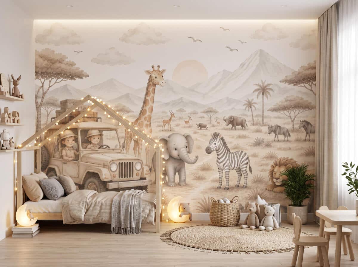 Fototapeta Safari dla Dzieci – Zwierzęta Afryki w Stylu Boho | Beżowa Dekoracja do dziecięcego pokoju 76066