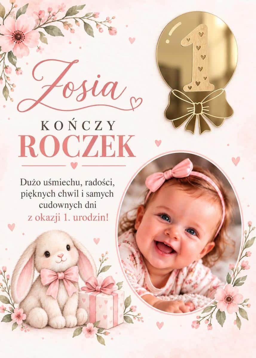 Plakat ze Zdjęciem Dziecka na 1 Roczek – Kwiatowa Pamiątka z Imieniem 51155 - zdjęcie 4