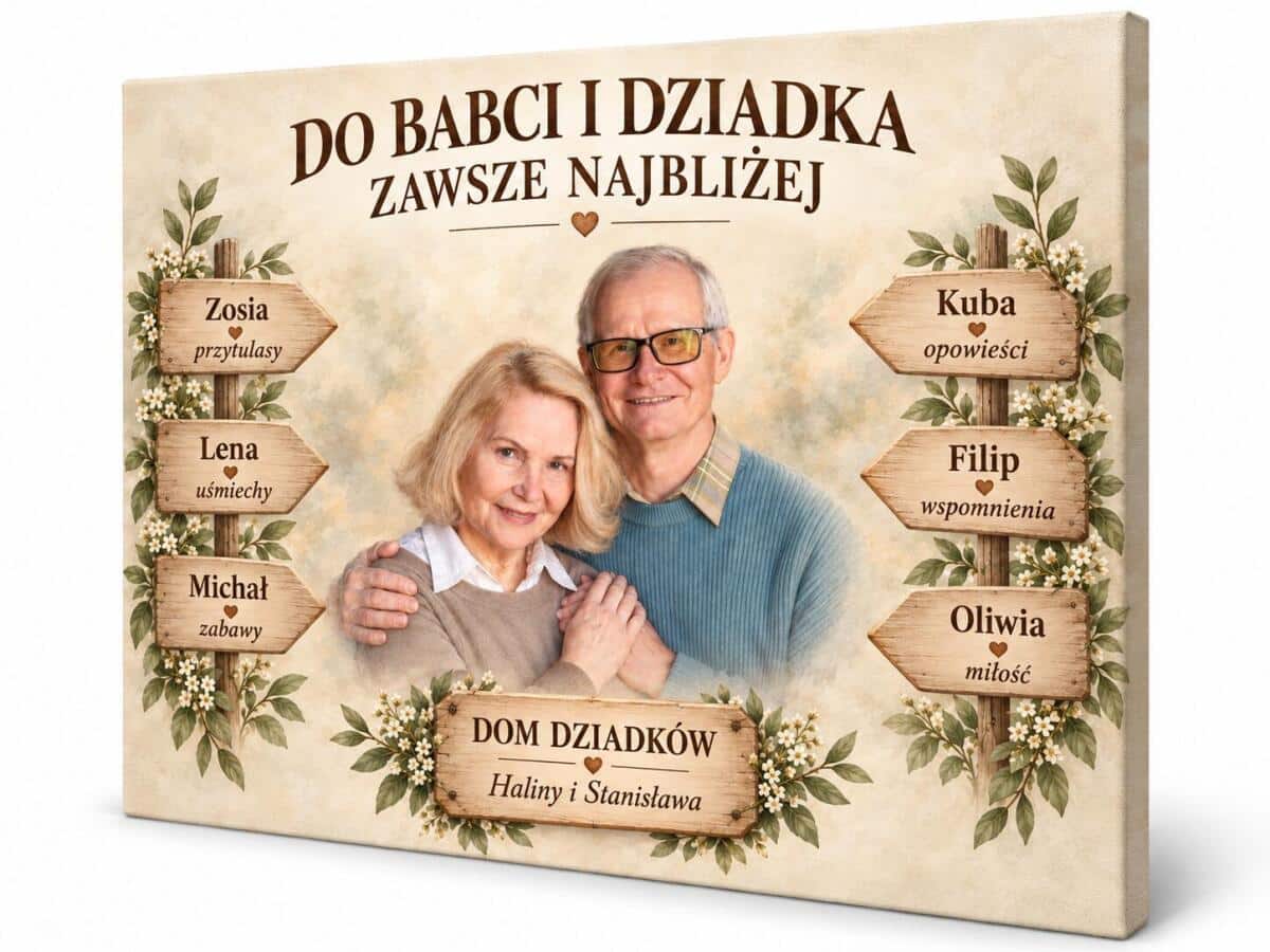 Prezent na Dzień Babci i Dziadka – Obraz Drogowskaz z Imionami Wnuków | Płótno 31568