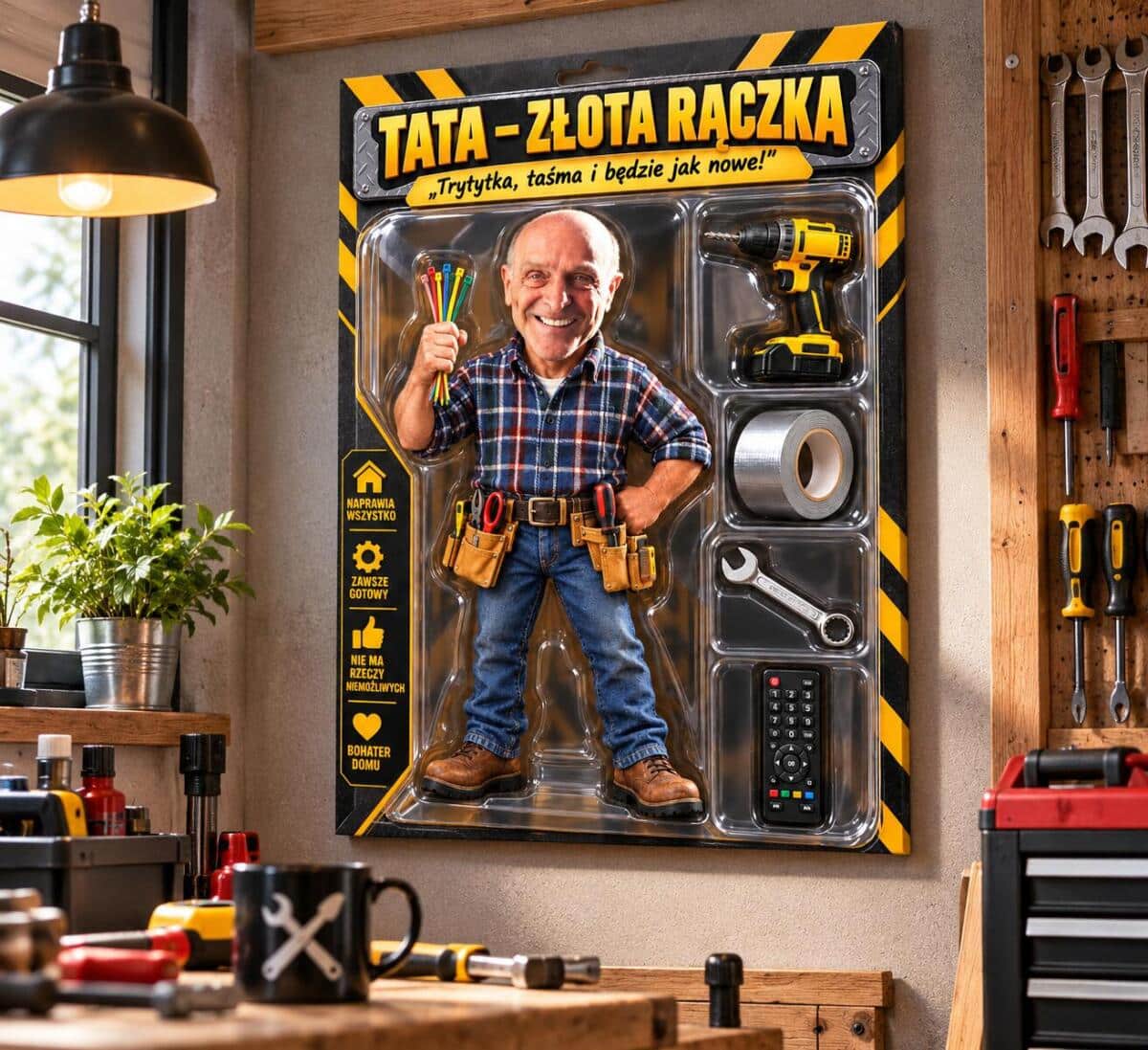 Prezent dla taty na święta ze zdjęcia – OBRAZ karykatura figurka w pudełku „Tata – Złota Rączka”  82620 - zdjęcie 3