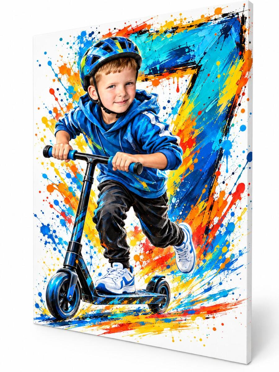 Obraz na Urodziny Chłopca ze Zdjęcia – Kolorowa Cyfra Wieku – Hulajnoga Street Art 82638
