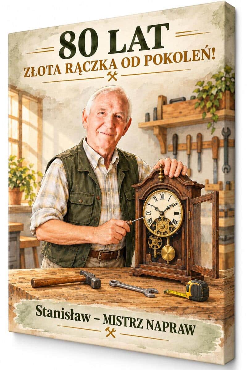 Prezent dla Majsterkowicza na 80 Urodziny – Obraz z Karykaturą ze Zdjęcia „Złota Rączka” - 31713
