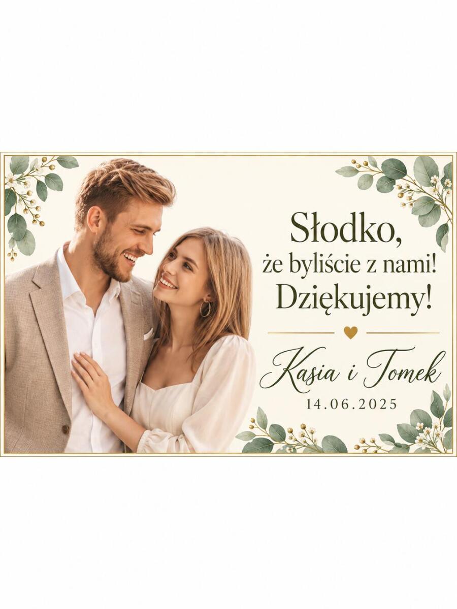 Naklejki na ciasto weselne ze zdjęciem Pary Młodej, imionami i datą – 54 szt. 6 × 9 cm 39070 - zdjęcie 4