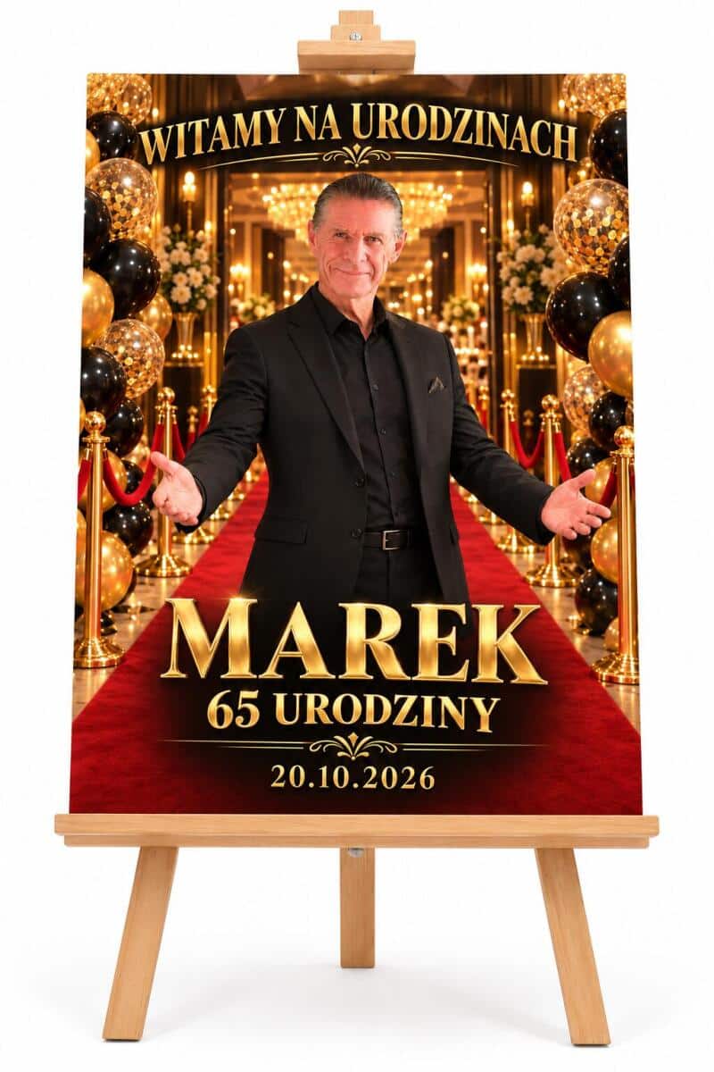 Tablica Powitalna na 65. Urodziny ze Zdjęcia – Złote Glamour z Imieniem Jubilata 31585