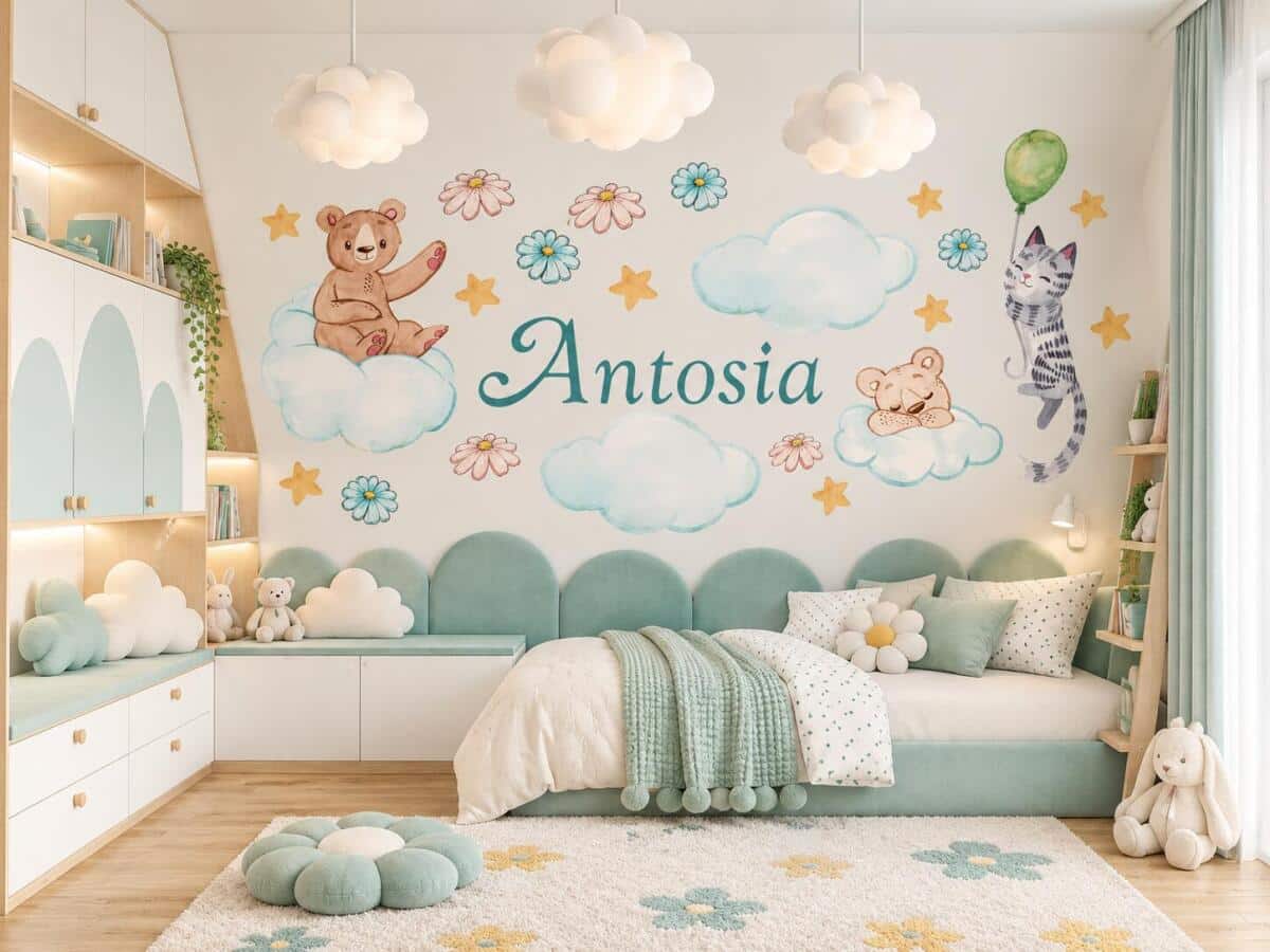 Naklejka z imieniem dla dziecka misie, chmurki 63517
