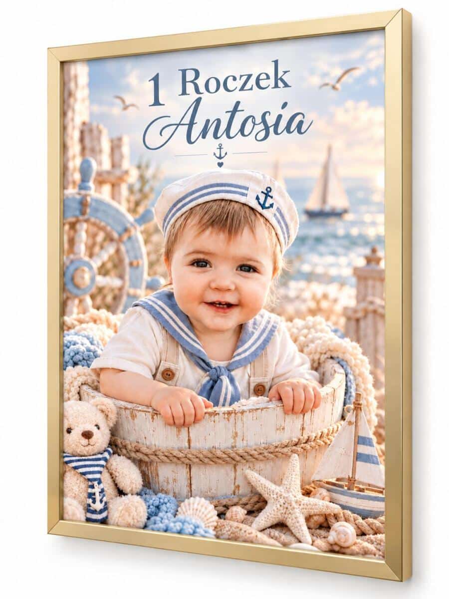Plakat w Ramie ze Zdjęcia Dziecka na 1 Roczek – Marynistyczny Portret z Imieniem 82642 - zdjęcie 2