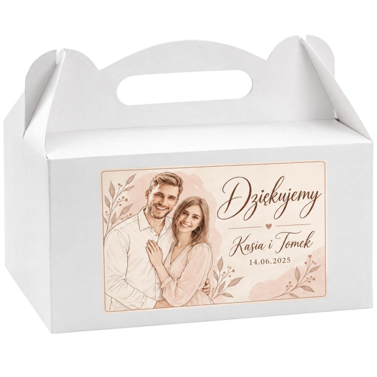 Etykiety na ciasto weselne, Naklejki Słodkie podziękowanie z imionami i datą 54 szt. 6 × 9 cm 39073
