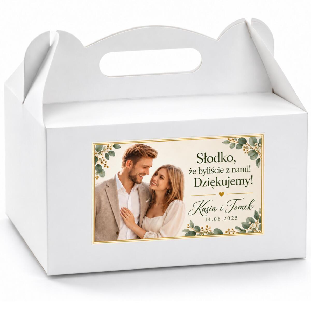 Naklejki na ciasto weselne ze zdjęciem Pary Młodej, imionami i datą – 54 szt. 6 × 9 cm 39070