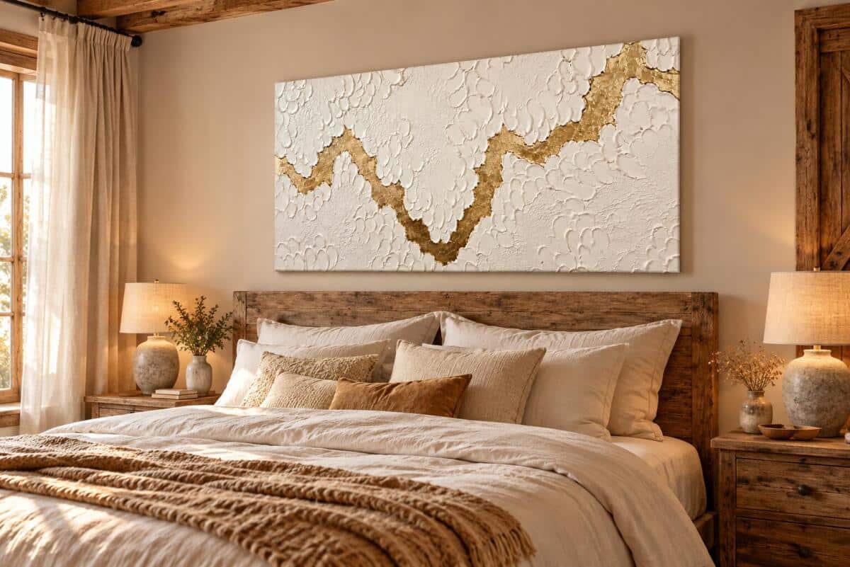 Obraz biało-złoty do sypialni abstrakcja 3D – Elegancki obraz glamour 82645 - zdjęcie 3