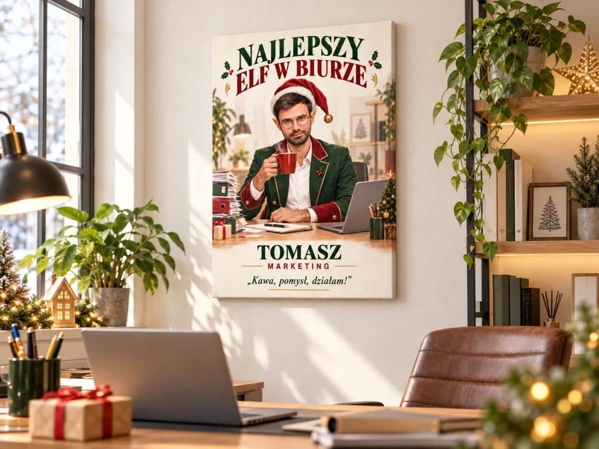 Śmieszny prezent na Mikołajki dla kolegi z pracy – plakat karykatura ze zdjęcia „Najlepszy elf w biurze”  31548 - zdjęcie 3