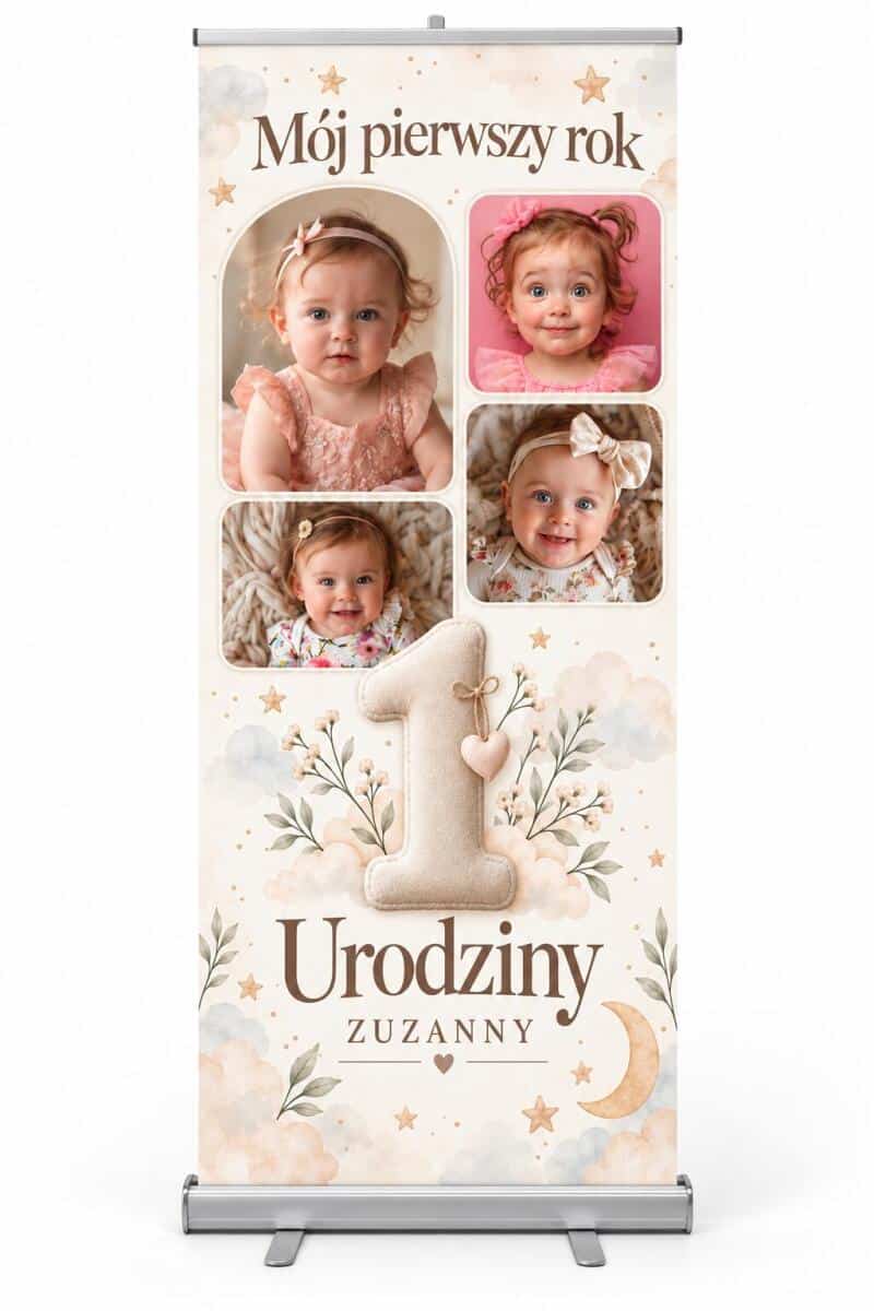 Tablica Powitalna na Roczek Ścianka na 1 Urodziny ze zdjęciami i imieniem Roll-up 100×200 cm 39067