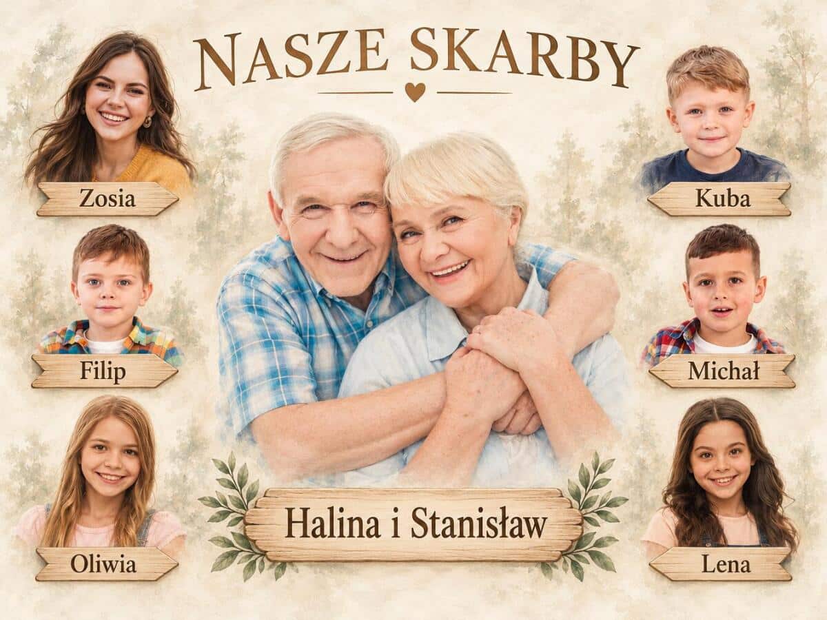 Prezent na Dzień Babci i Dziadka ze Zdjęciami Wnuków – Obraz Drogowskaz z Imionami i Zdjęciami | Płótno 31569 - zdjęcie 3