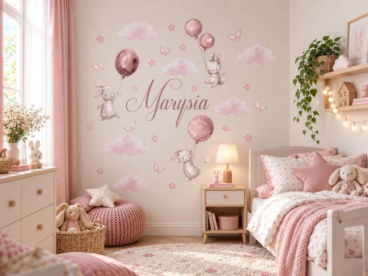 Naklejka z imieniem dla dziecka balony króliczki 63509