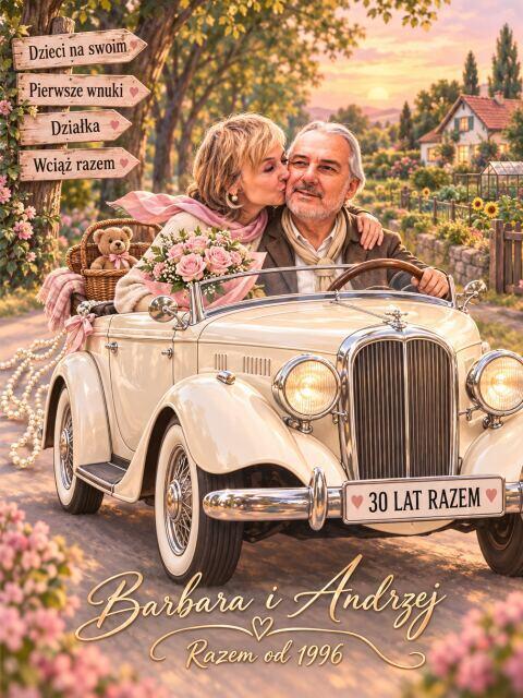 Obraz na 30 Rocznicę Ślubu Rodziców – Karykatura ze Zdjęcia | Prezent od Dzieci – Perłowe Gody w Aucie Retro 82610 - zdjęcie 2