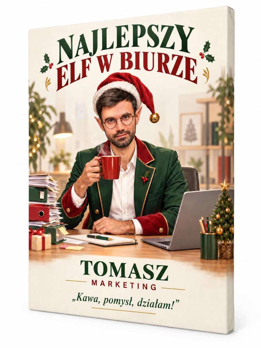 Śmieszny prezent na Mikołajki dla kolegi z pracy – plakat karykatura ze zdjęcia „Najlepszy elf w biurze”  31548