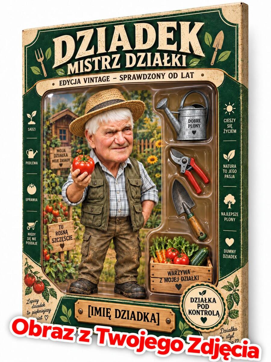 Prezent na Dzień Dziadka ze zdjęcia – karykatura figurka w pudełku „Dziadek – Mistrz Działki” 82661