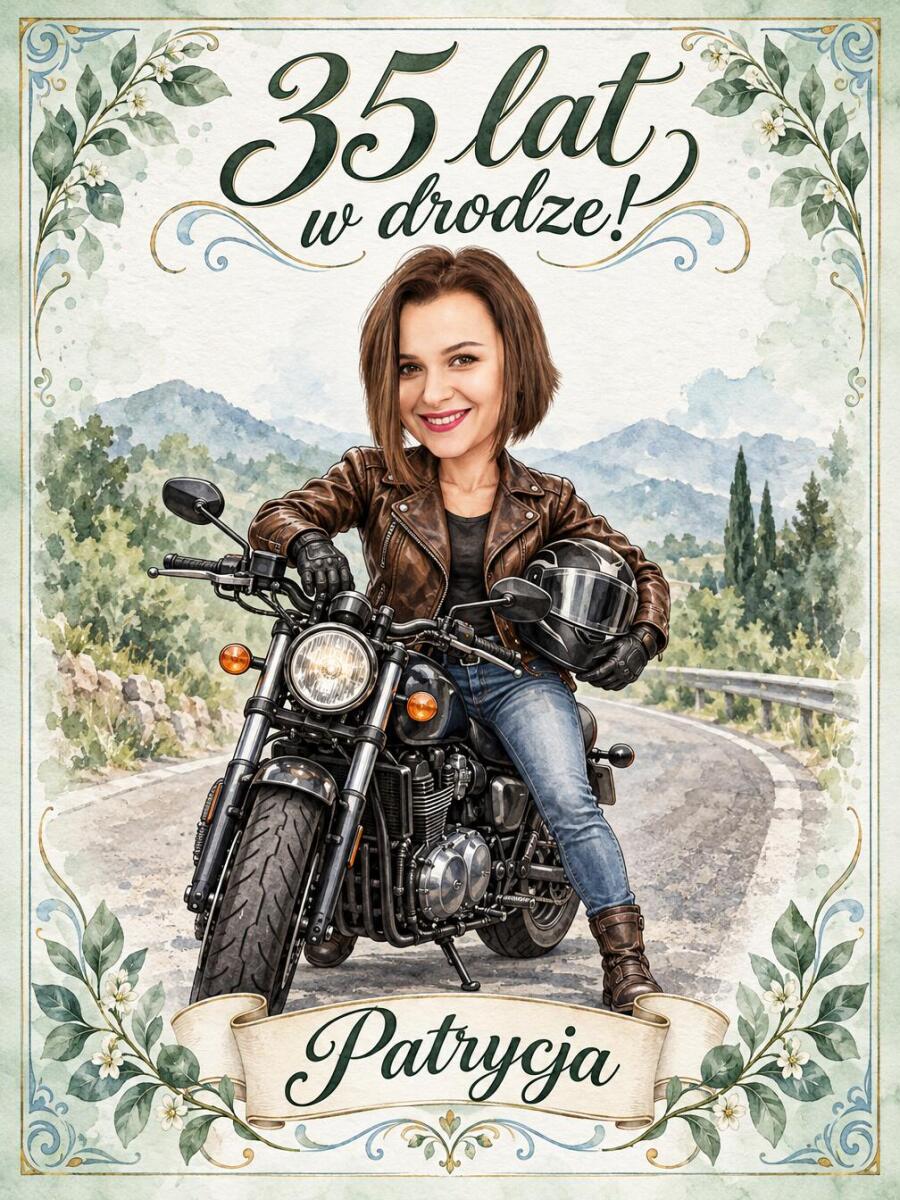 Prezent dla motocyklisty na 35 urodziny | Obraz Karykatura z Twojego zdjęcia Zawsze w drodze 31643 - zdjęcie 2