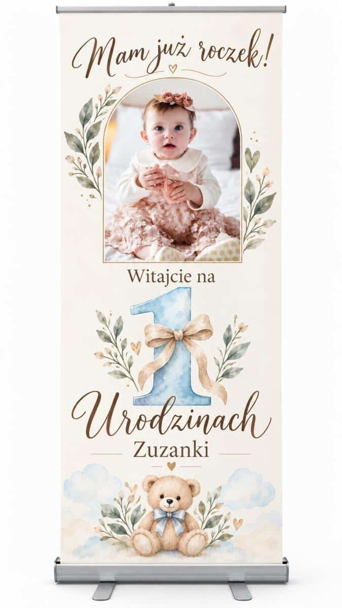 Tablica powitalna na 1 urodziny Gotowa Ścianka na Roczek Duży Roll-up 100×200 cm 39066