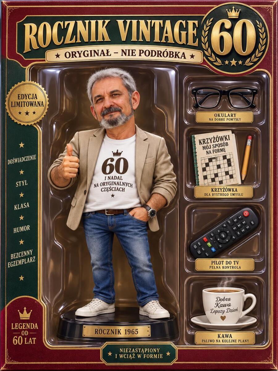 Prezent na 60 urodziny ze zdjęcia – OBRAZ karykatura figurka w pudełku „Rocznik Vintage” 82630 - zdjęcie 2