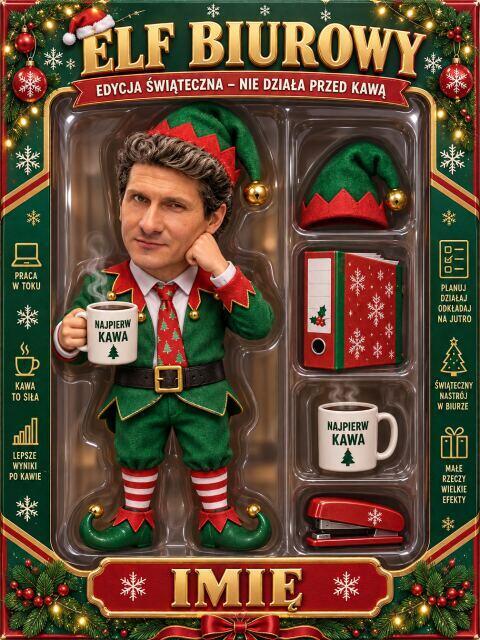 Prezent na Mikołajki dla kolegi z pracy – OBRAZ karykatura ze zdjęcia figurka w pudełku „Elf biurowy”  82619 - zdjęcie 2