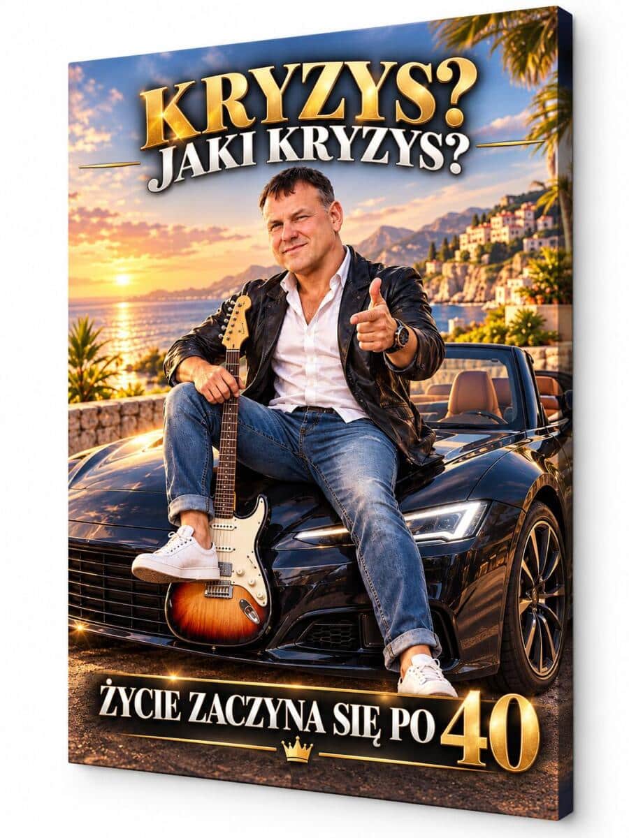 Śmieszny Prezent dla Brata na 40 Urodziny – Obraz z Karykaturą ze Zdjęcia „Kryzys? Jaki Kryzys?” -  31725