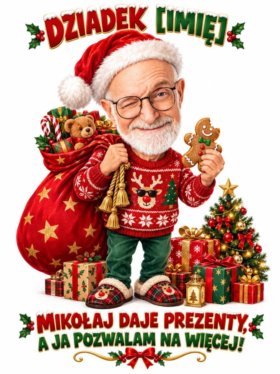 Prezent dla Dziadka na Święta – Karykatura obraz ze Zdjęcia z Imieniem „Mikołaj daje prezenty, a ja pozwalam na więcej!” 82670 - zdjęcie 2