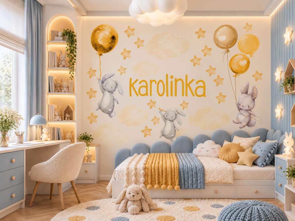 Naklejka z imieniem dla dziecka króliczki, chmurki 63518