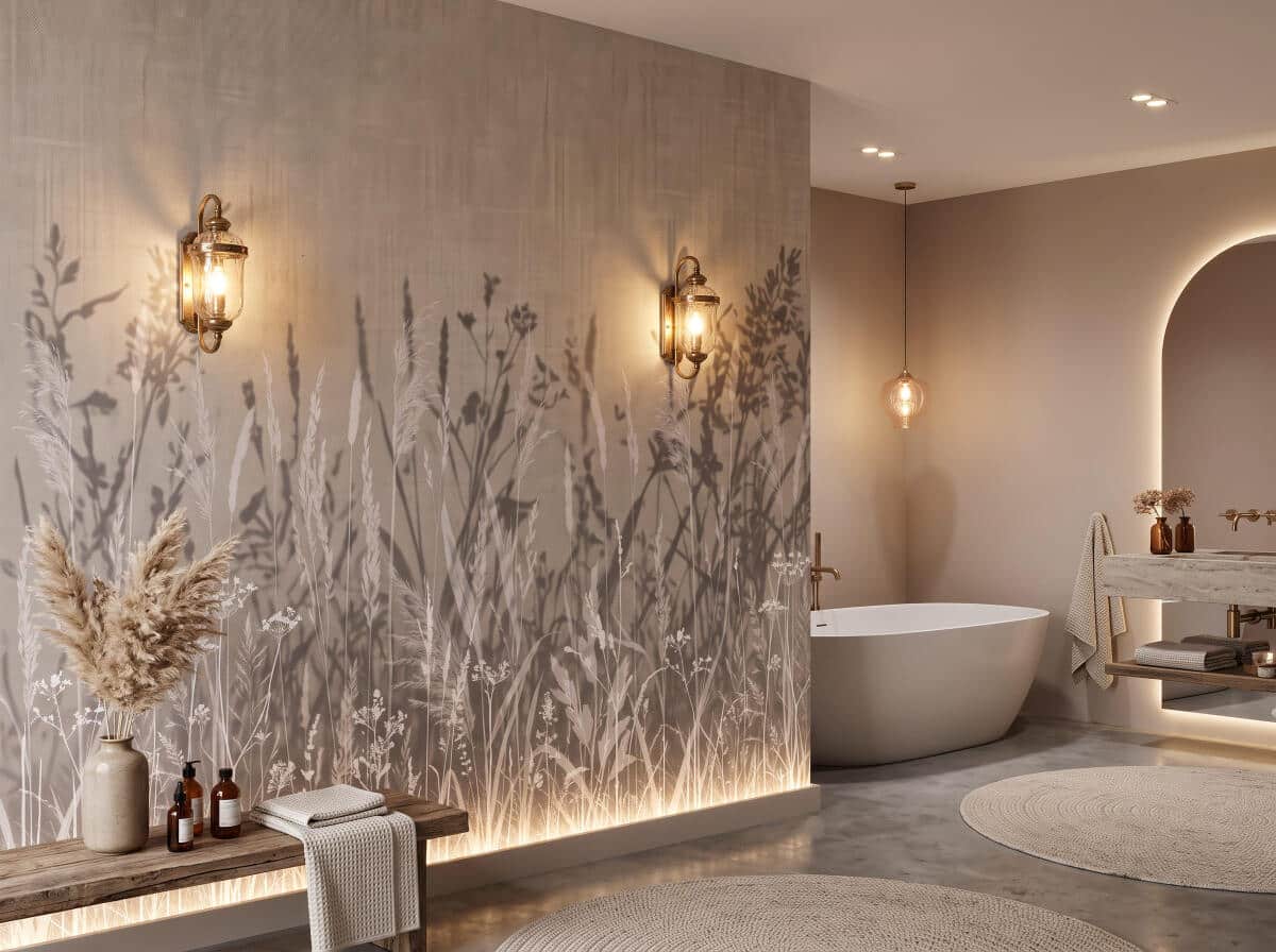 Fototapeta do łazienki na ścianę przy wannie – beżowe trawy i cienie 96028