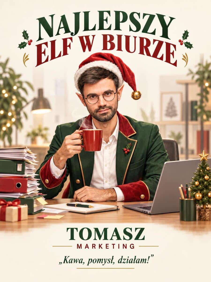 Śmieszny prezent na Mikołajki dla kolegi z pracy – plakat karykatura ze zdjęcia „Najlepszy elf w biurze”  31548 - zdjęcie 2