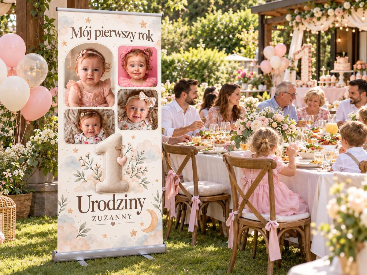 Tablica Powitalna na Roczek Ścianka na 1 Urodziny ze zdjęciami i imieniem Roll-up 100×200 cm 39067 - zdjęcie 3