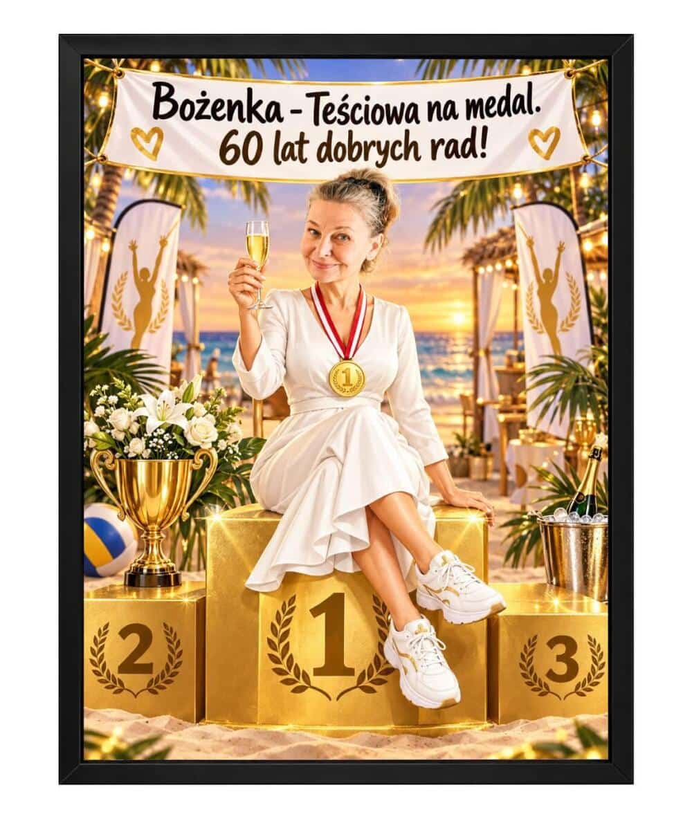 Śmieszny Prezent dla Teściowej na 60 Urodziny – Plakat Karykatura ze Zdjęcia Teściowa na Medal 31659
