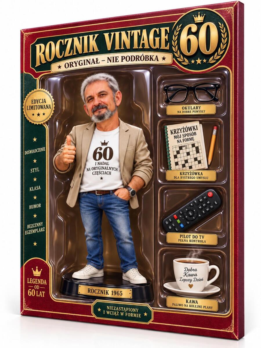 Prezent na 60 urodziny ze zdjęcia – OBRAZ karykatura figurka w pudełku „Rocznik Vintage” 82630