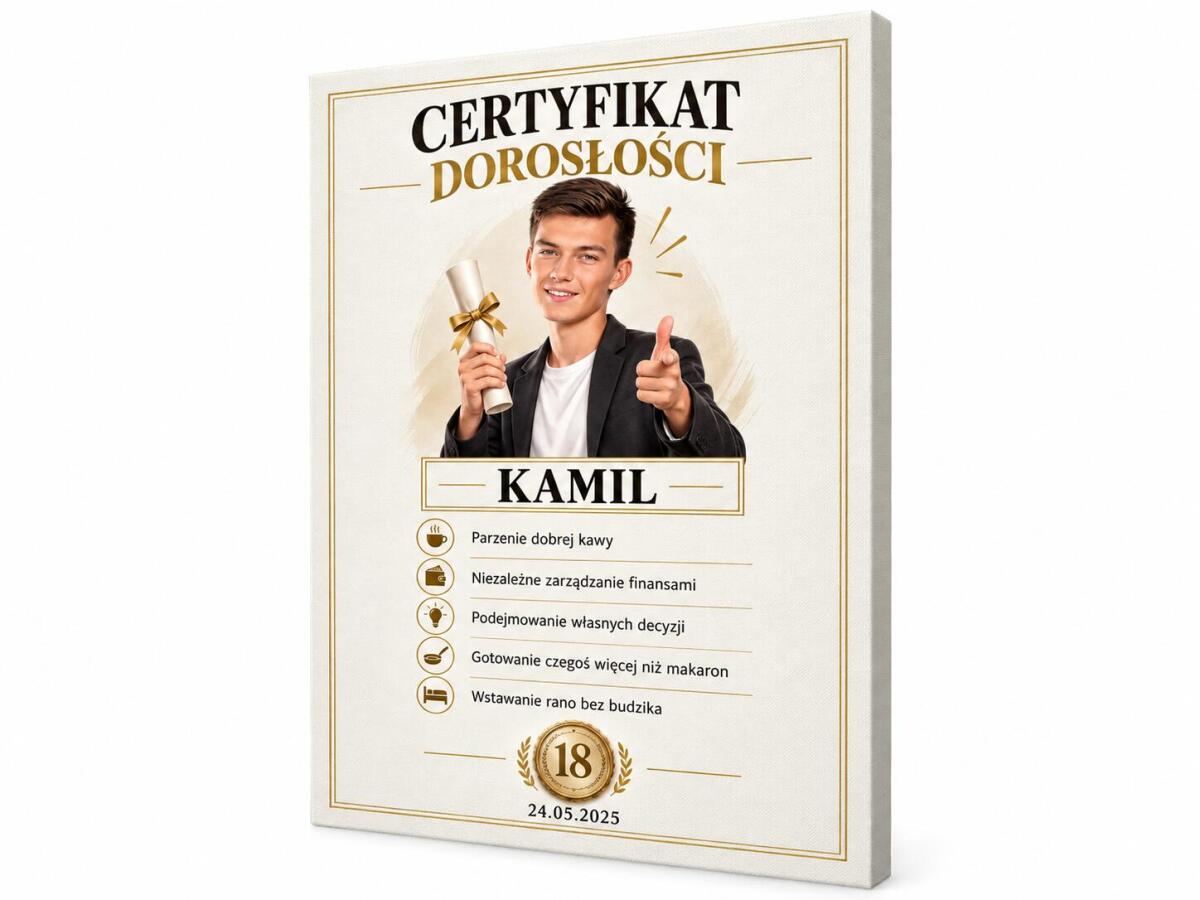 Śmieszny prezent na 18 urodziny – plakat karykatura ze zdjęcia „Certyfikat dorosłości” 31552