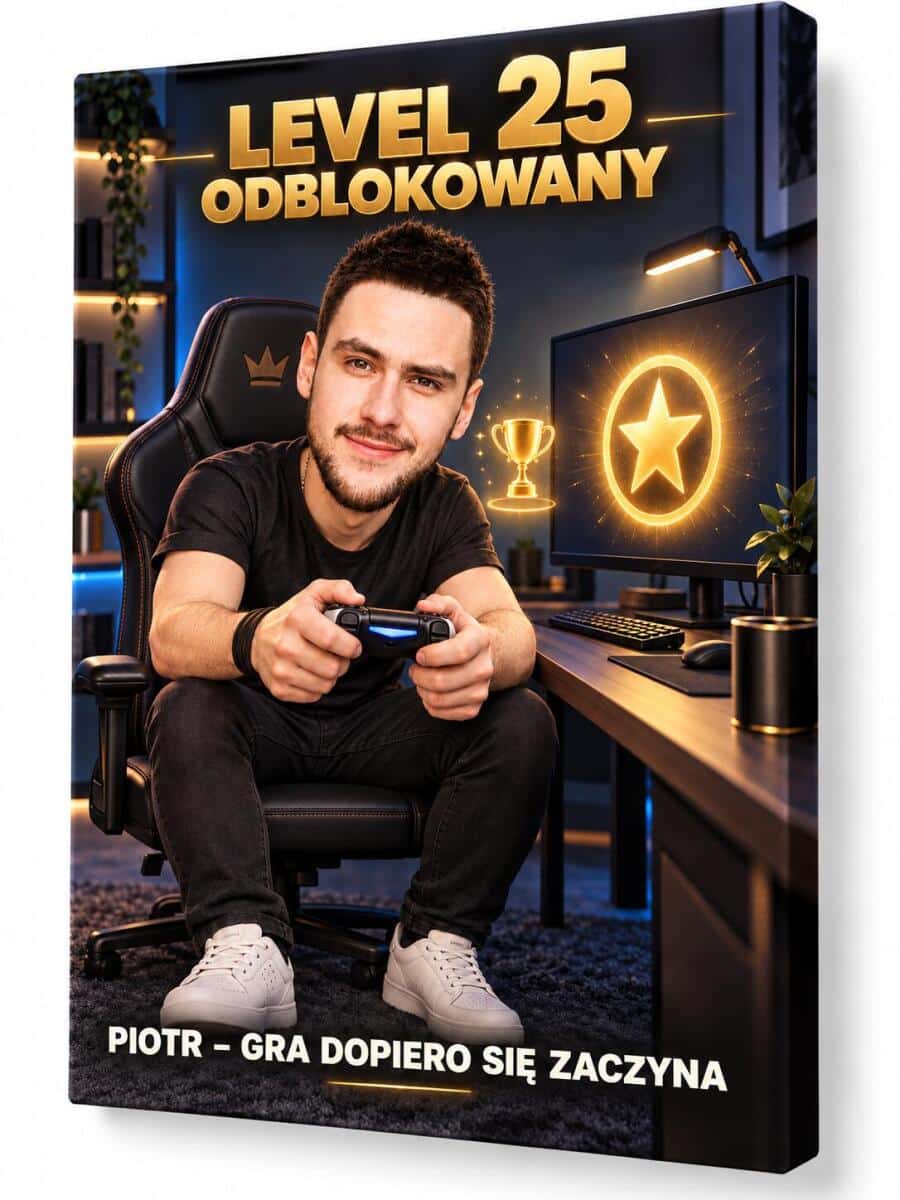 Prezent dla Gracza na 25 Urodziny – Obraz z Karykaturą ze Zdjęcia „Level 25 Odblokowany” - 31592