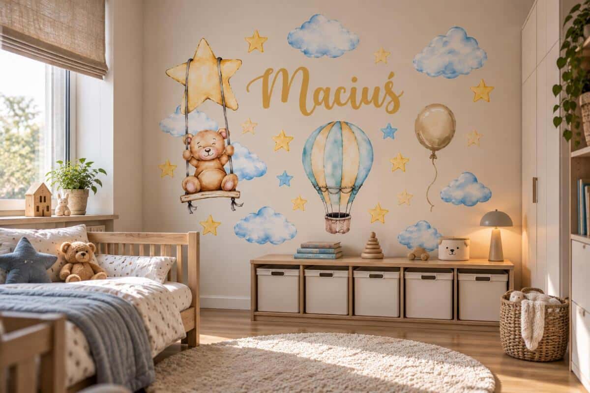 Naklejka z imieniem dla dziecka chmurki, balony 63528