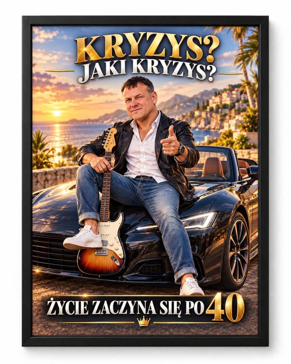 Śmieszny Prezent dla Brata na 40 Urodziny – Plakat z Karykaturą ze Zdjęcia „Kryzys? Jaki Kryzys?” -  31726