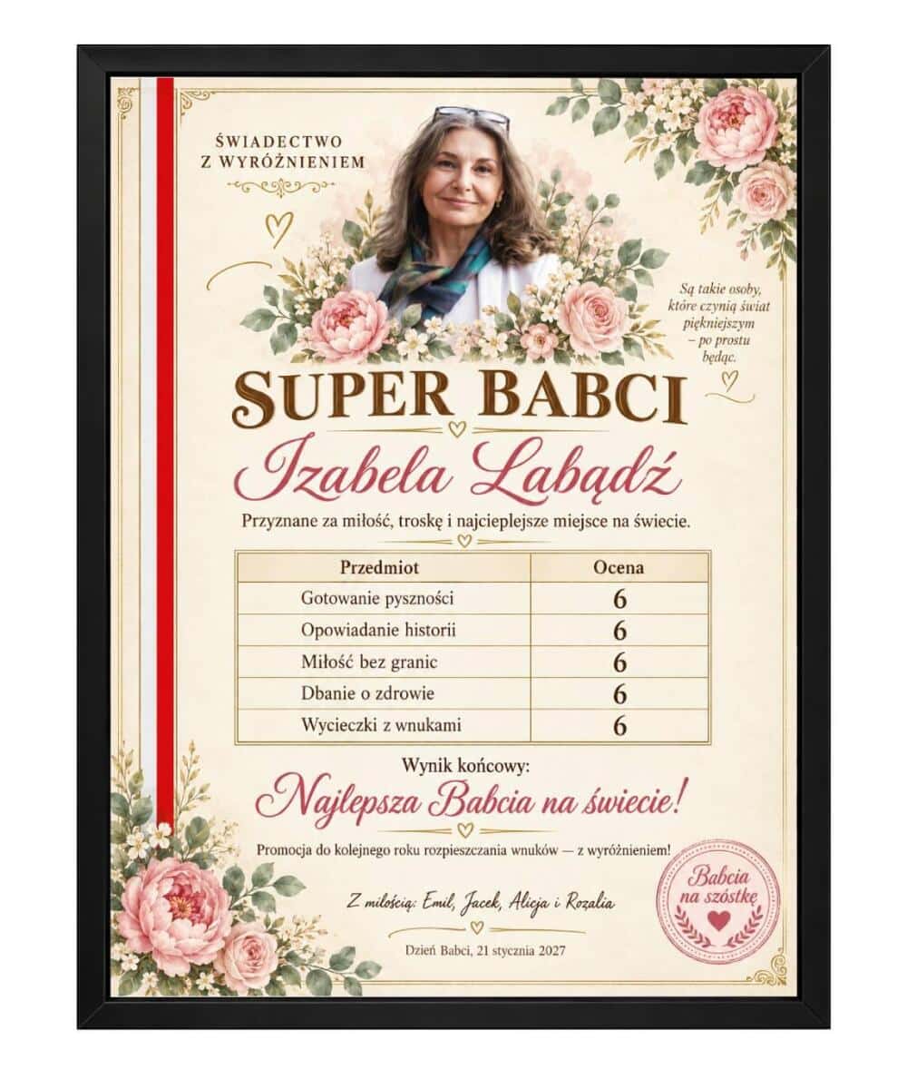 Dyplom dla babci na Dzień Babci - Świadectwo Super babci z czerwonym paskiem 31619