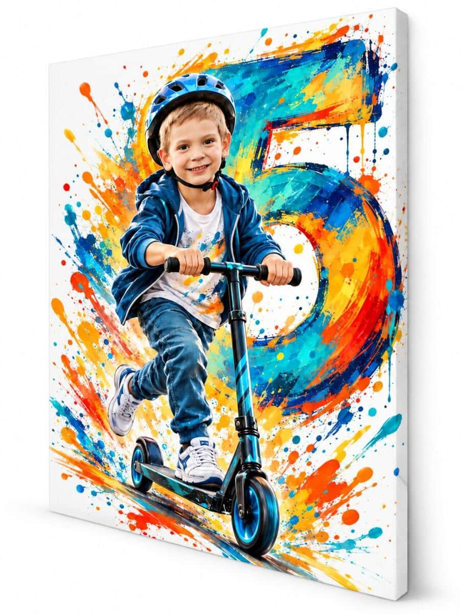 Obraz na Urodziny Chłopca ze Zdjęcia – Kolorowa Cyfra Wieku – Hulajnoga Street Art 82638