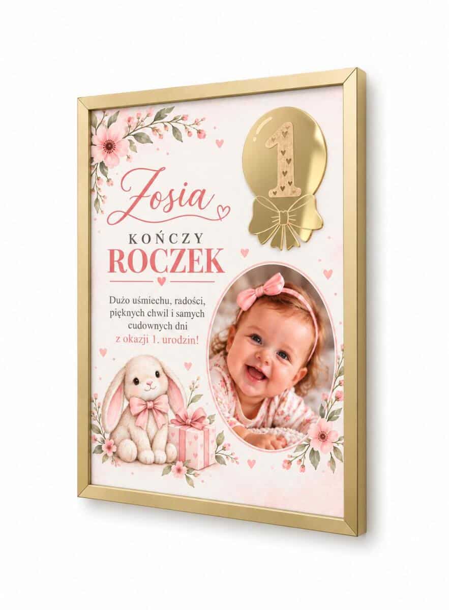 Plakat ze Zdjęciem Dziecka na 1 Roczek – Kwiatowa Pamiątka z Imieniem 51155