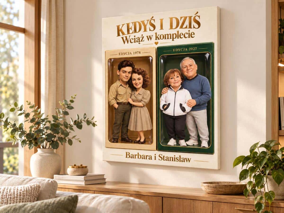 Prezent dla Dziadków ze Zdjęcia – Kiedyś i Dziś, Dwie Figurki w Pudełkach | Obraz na Dzień Babci i Dziadka 31563 - zdjęcie 3