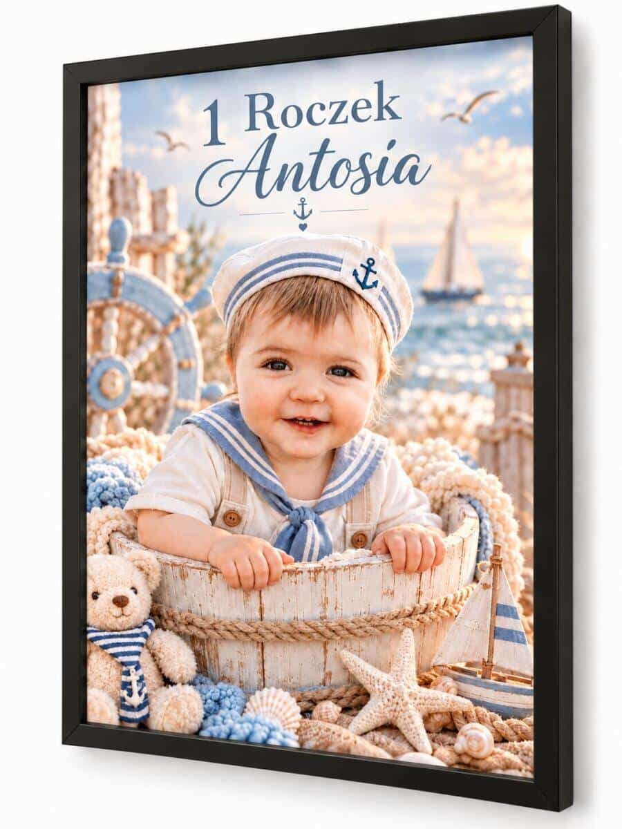 Plakat w Ramie ze Zdjęcia Dziecka na 1 Roczek – Marynistyczny Portret z Imieniem 82642 - zdjęcie 3