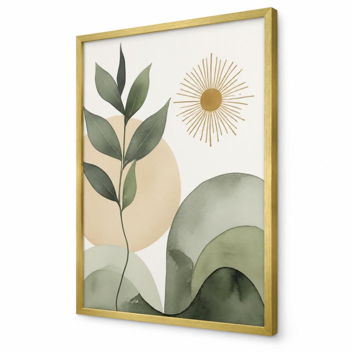 Plakat botaniczny do salonu i sypialni – zielone liście i słońce boho 82719