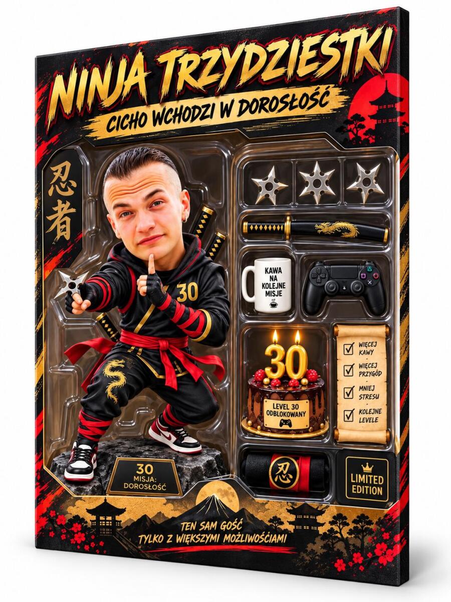 Prezent na 30 urodziny ze zdjęcia – OBRAZ karykatura figurka w pudełku „Ninja Trzydziestki” 82626