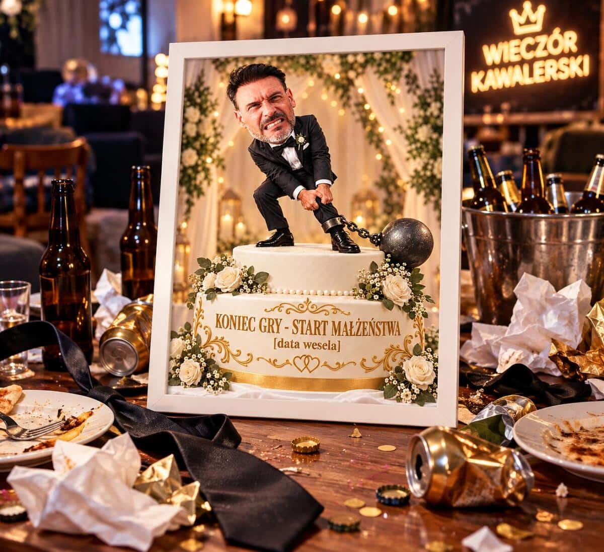 Prezent na wieczór kawalerski ze zdjęcia – karykatura pana młodego z kulą u nogi 31603 - zdjęcie 3